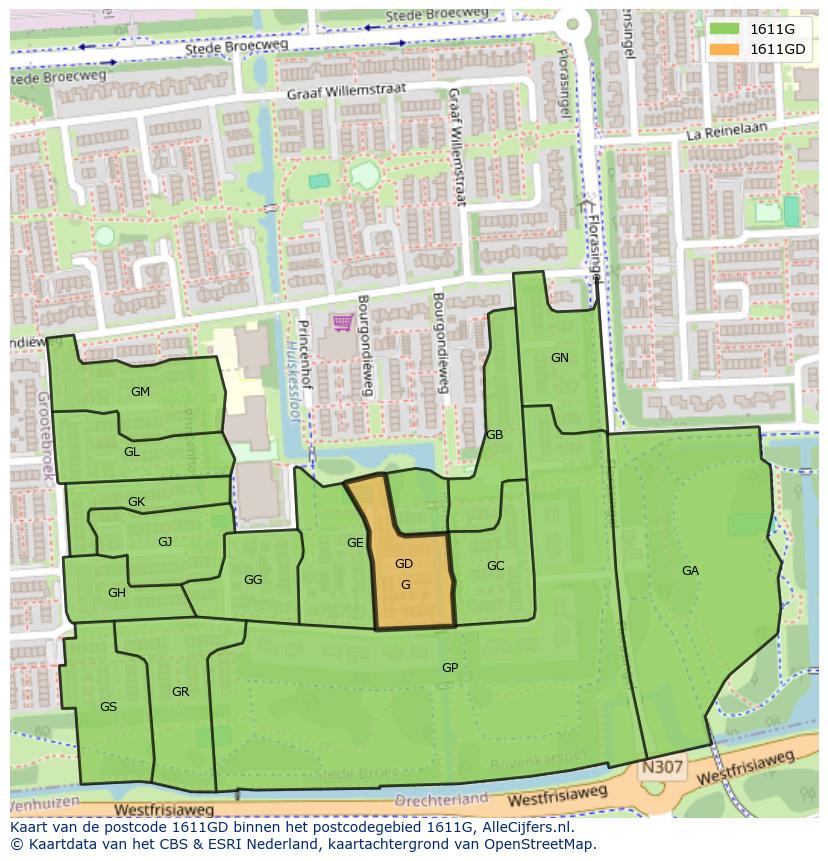 Afbeelding van het postcodegebied 1611 GD op de kaart.