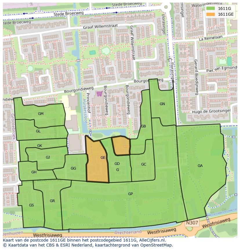 Afbeelding van het postcodegebied 1611 GE op de kaart.
