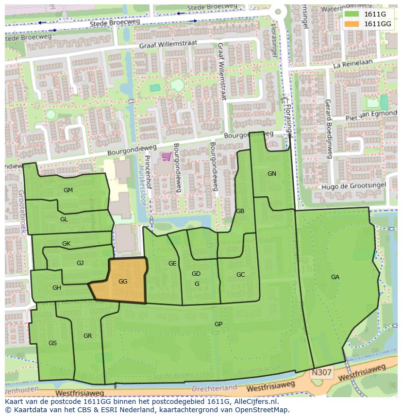 Afbeelding van het postcodegebied 1611 GG op de kaart.