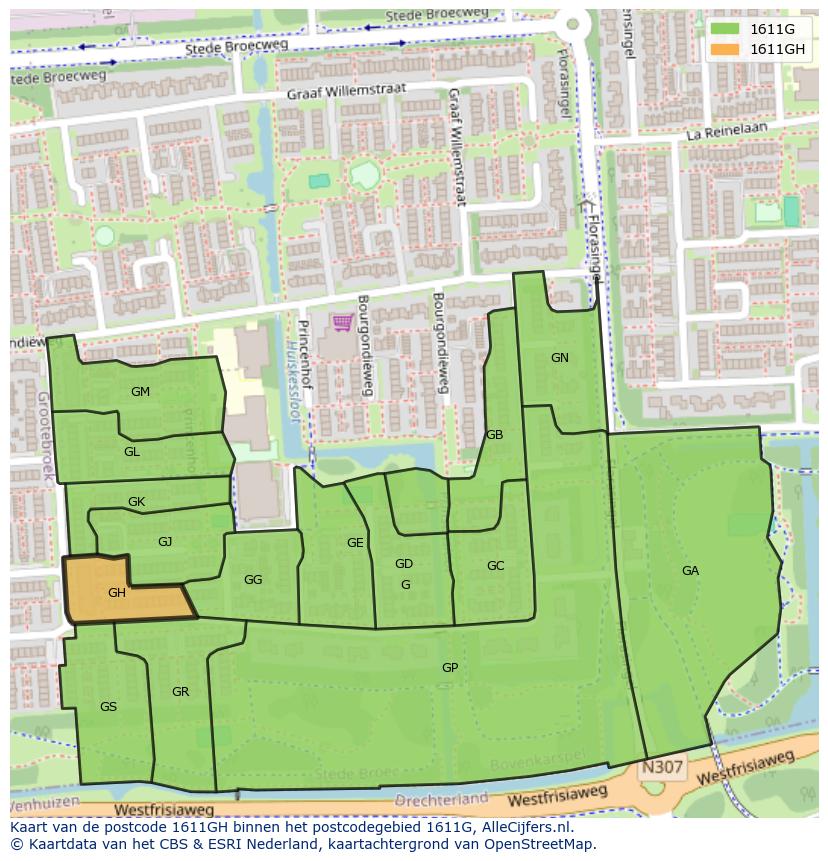 Afbeelding van het postcodegebied 1611 GH op de kaart.