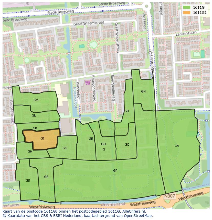 Afbeelding van het postcodegebied 1611 GJ op de kaart.