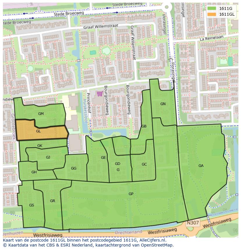 Afbeelding van het postcodegebied 1611 GL op de kaart.