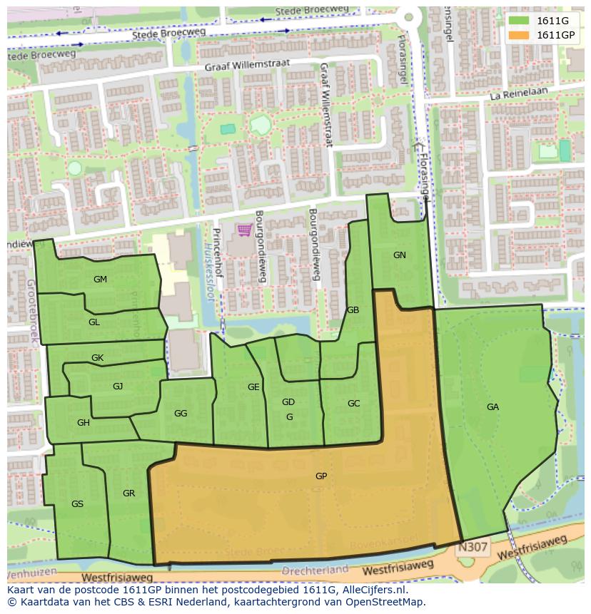 Afbeelding van het postcodegebied 1611 GP op de kaart.