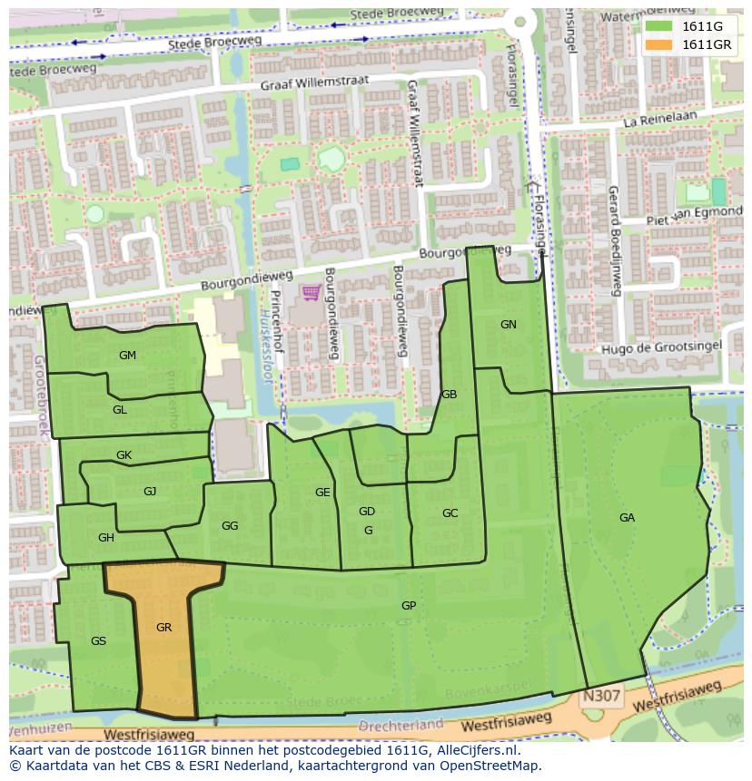 Afbeelding van het postcodegebied 1611 GR op de kaart.