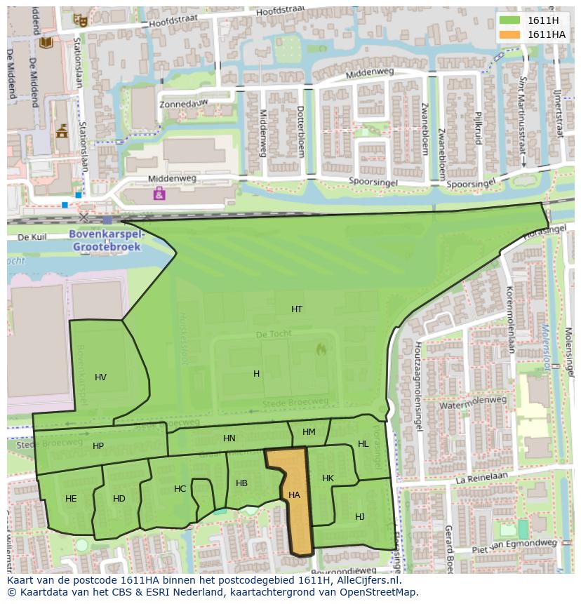 Afbeelding van het postcodegebied 1611 HA op de kaart.