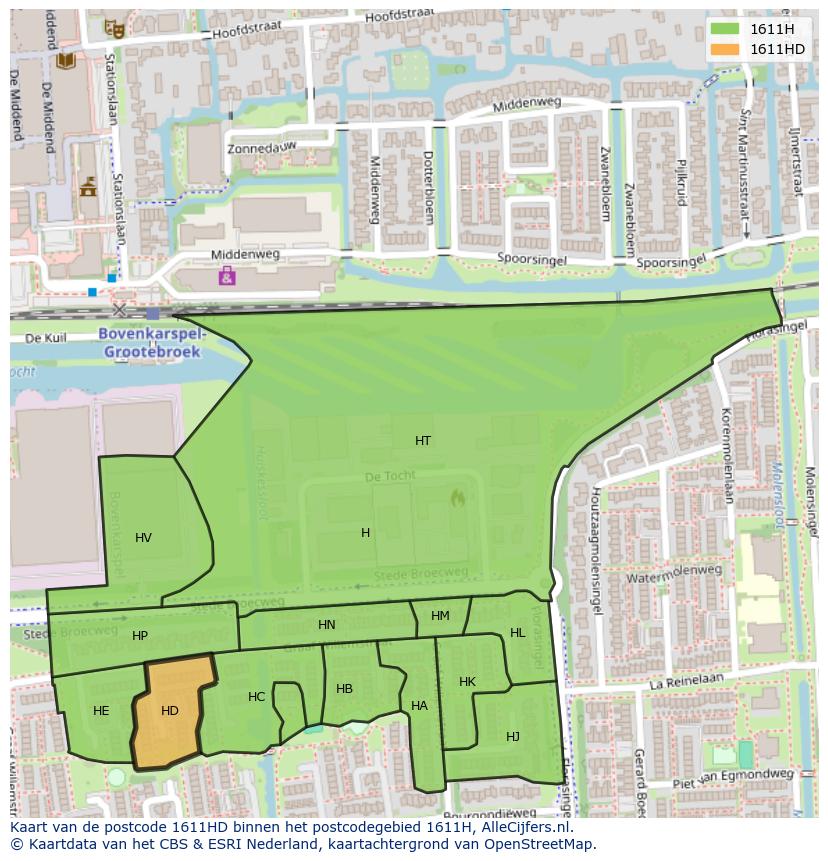 Afbeelding van het postcodegebied 1611 HD op de kaart.