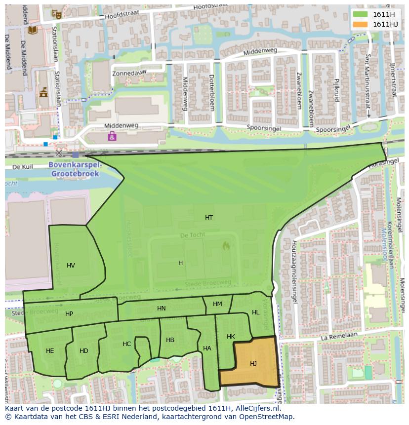 Afbeelding van het postcodegebied 1611 HJ op de kaart.
