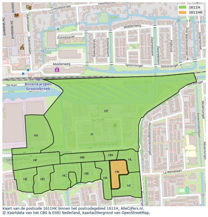 Afbeelding van het postcodegebied 1611 HK op de kaart.