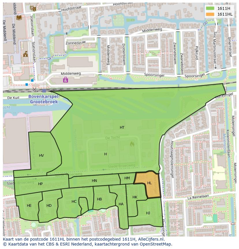 Afbeelding van het postcodegebied 1611 HL op de kaart.