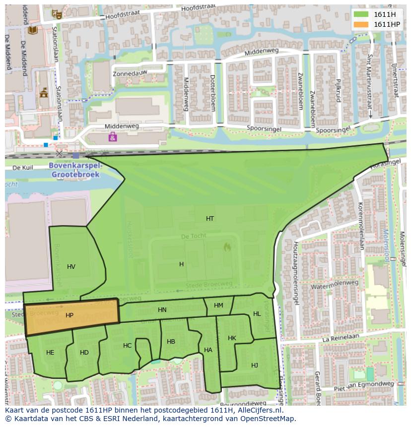 Afbeelding van het postcodegebied 1611 HP op de kaart.