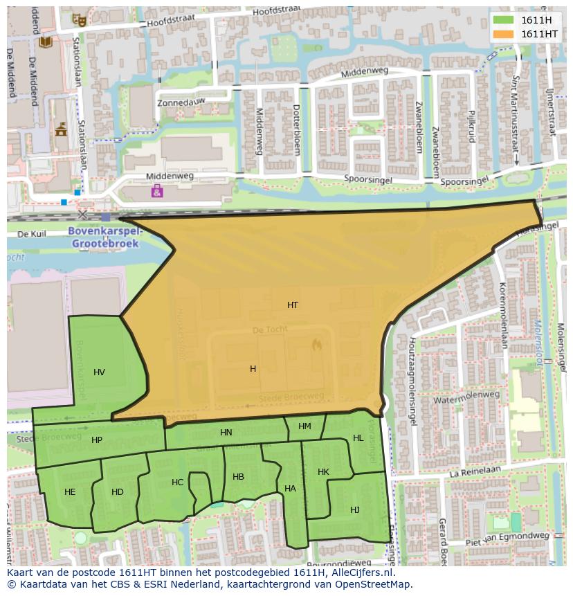 Afbeelding van het postcodegebied 1611 HT op de kaart.