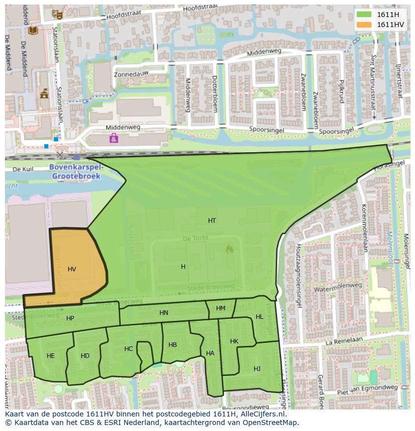 Afbeelding van het postcodegebied 1611 HV op de kaart.