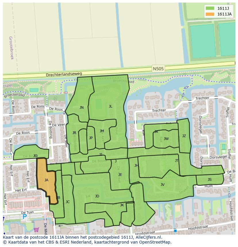Afbeelding van het postcodegebied 1611 JA op de kaart.