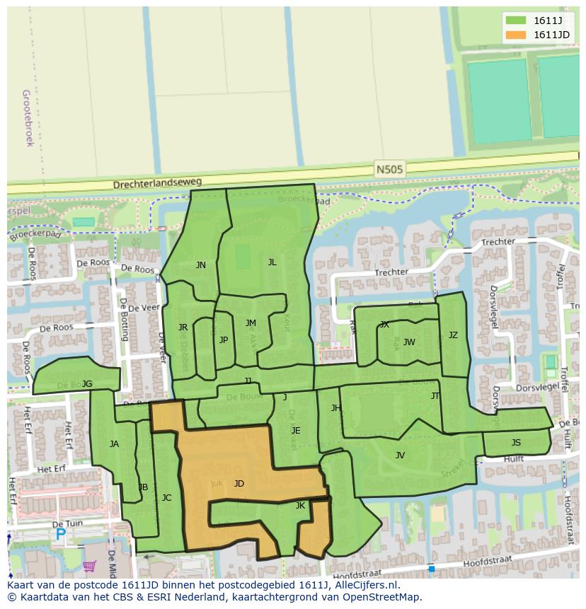 Afbeelding van het postcodegebied 1611 JD op de kaart.
