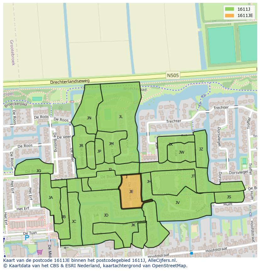 Afbeelding van het postcodegebied 1611 JE op de kaart.