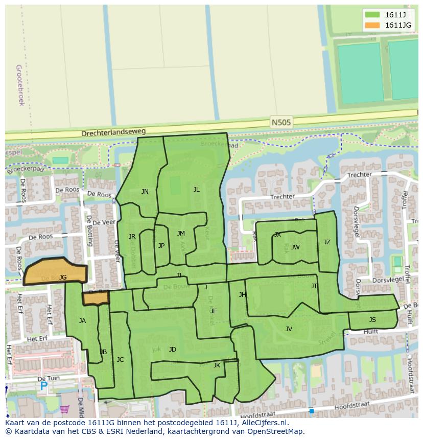 Afbeelding van het postcodegebied 1611 JG op de kaart.