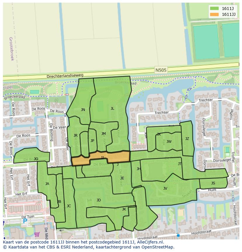 Afbeelding van het postcodegebied 1611 JJ op de kaart.