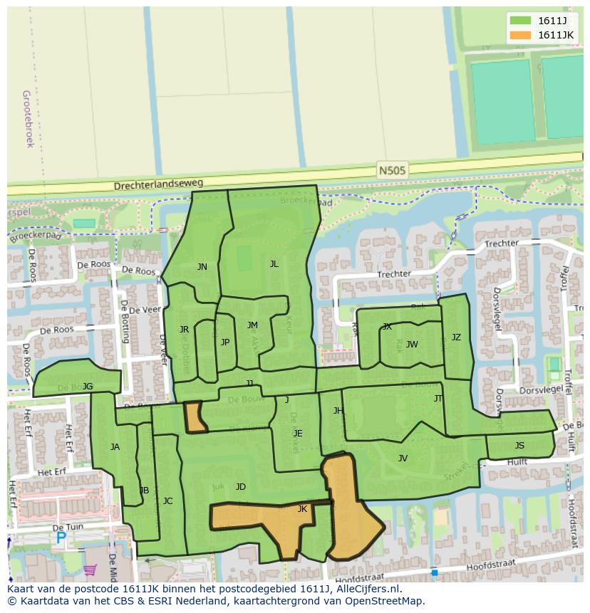 Afbeelding van het postcodegebied 1611 JK op de kaart.