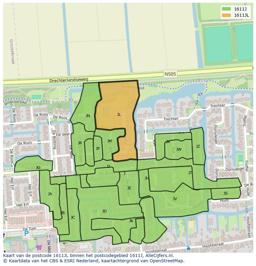 Afbeelding van het postcodegebied 1611 JL op de kaart.