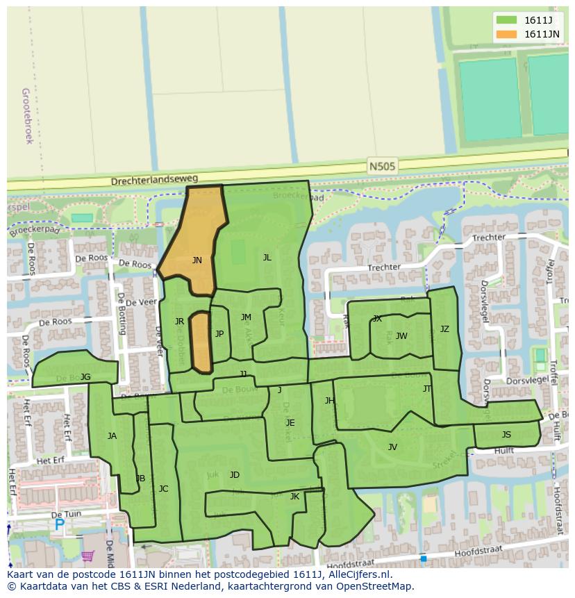 Afbeelding van het postcodegebied 1611 JN op de kaart.
