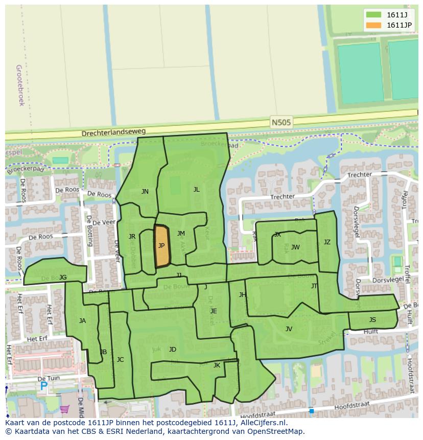 Afbeelding van het postcodegebied 1611 JP op de kaart.