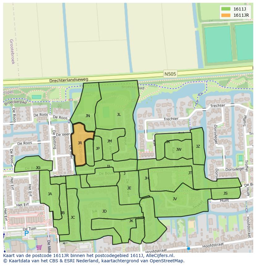 Afbeelding van het postcodegebied 1611 JR op de kaart.