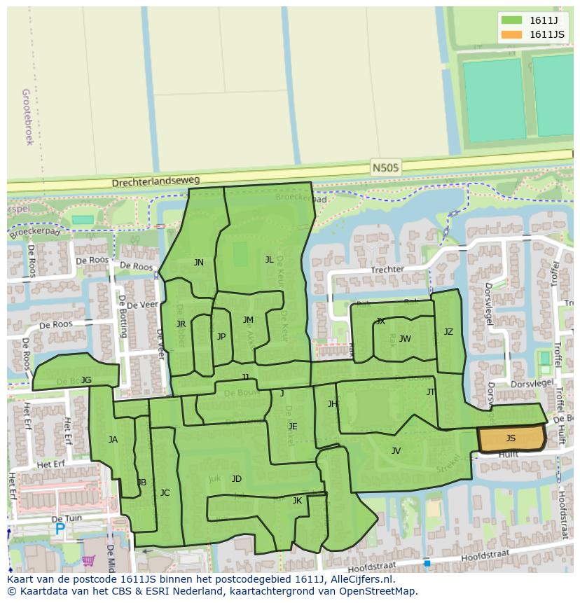 Afbeelding van het postcodegebied 1611 JS op de kaart.