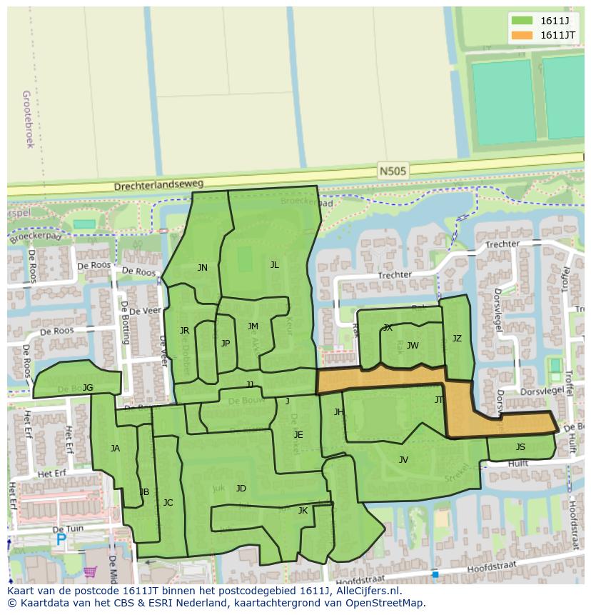 Afbeelding van het postcodegebied 1611 JT op de kaart.
