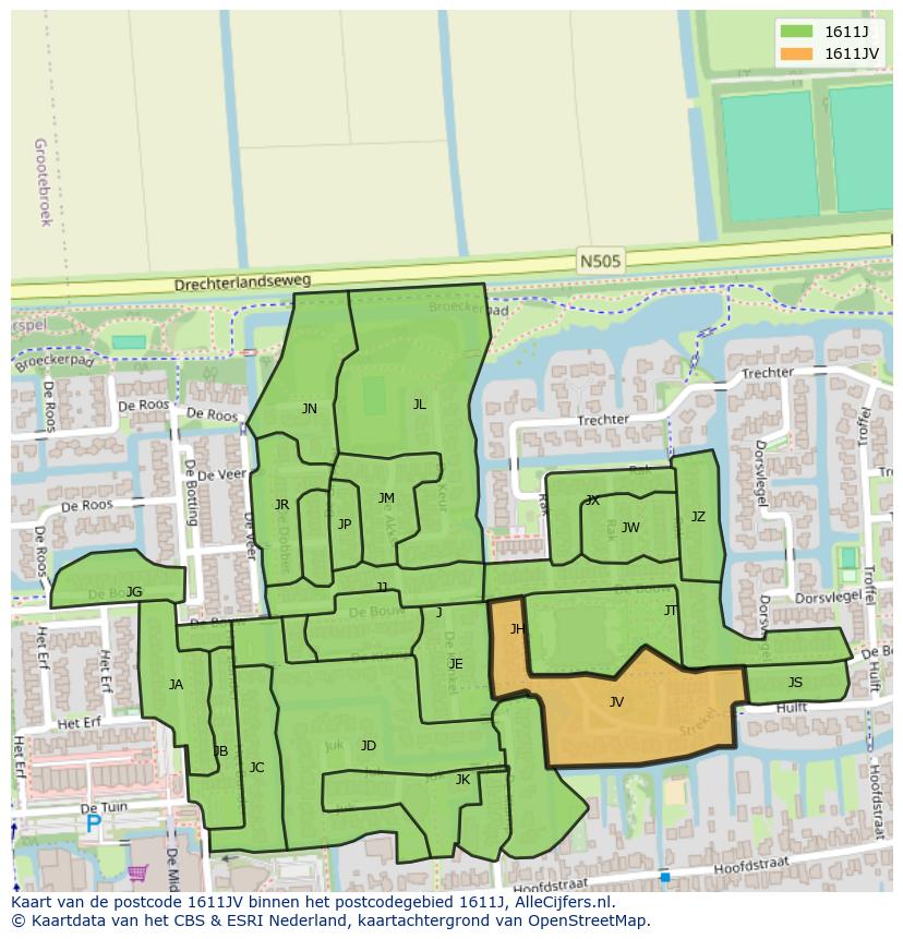 Afbeelding van het postcodegebied 1611 JV op de kaart.