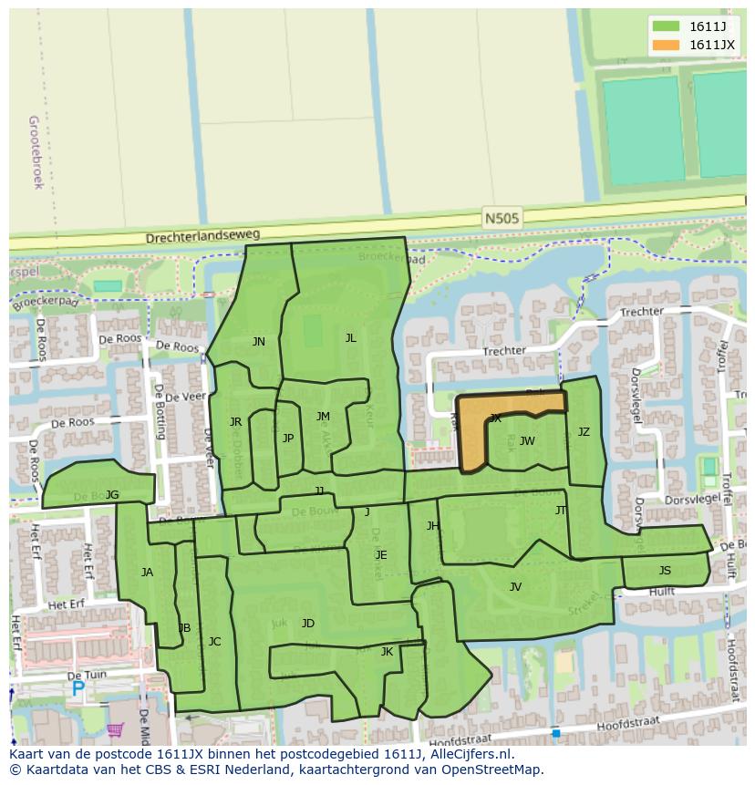 Afbeelding van het postcodegebied 1611 JX op de kaart.