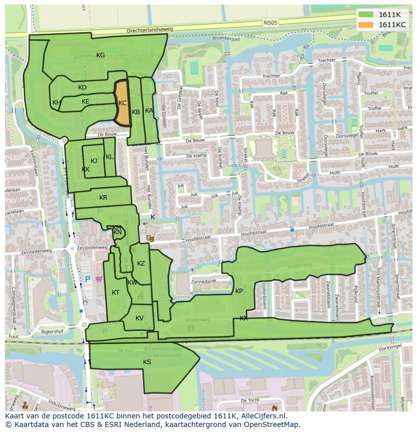 Afbeelding van het postcodegebied 1611 KC op de kaart.