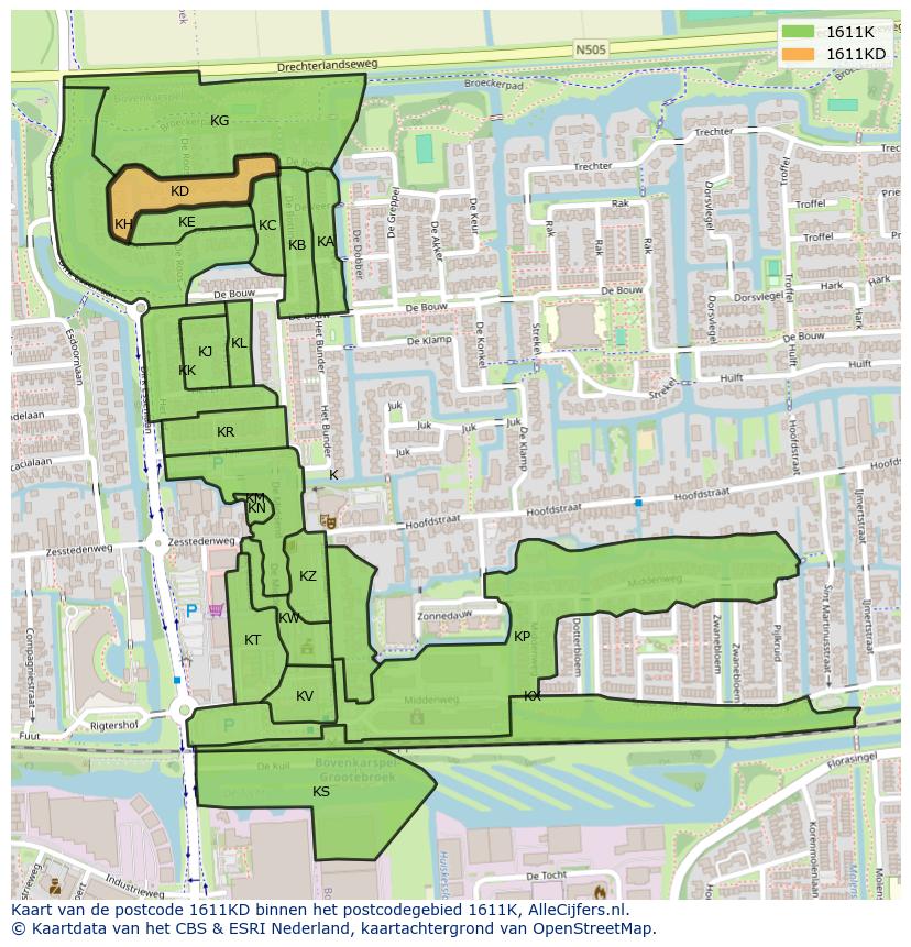 Afbeelding van het postcodegebied 1611 KD op de kaart.