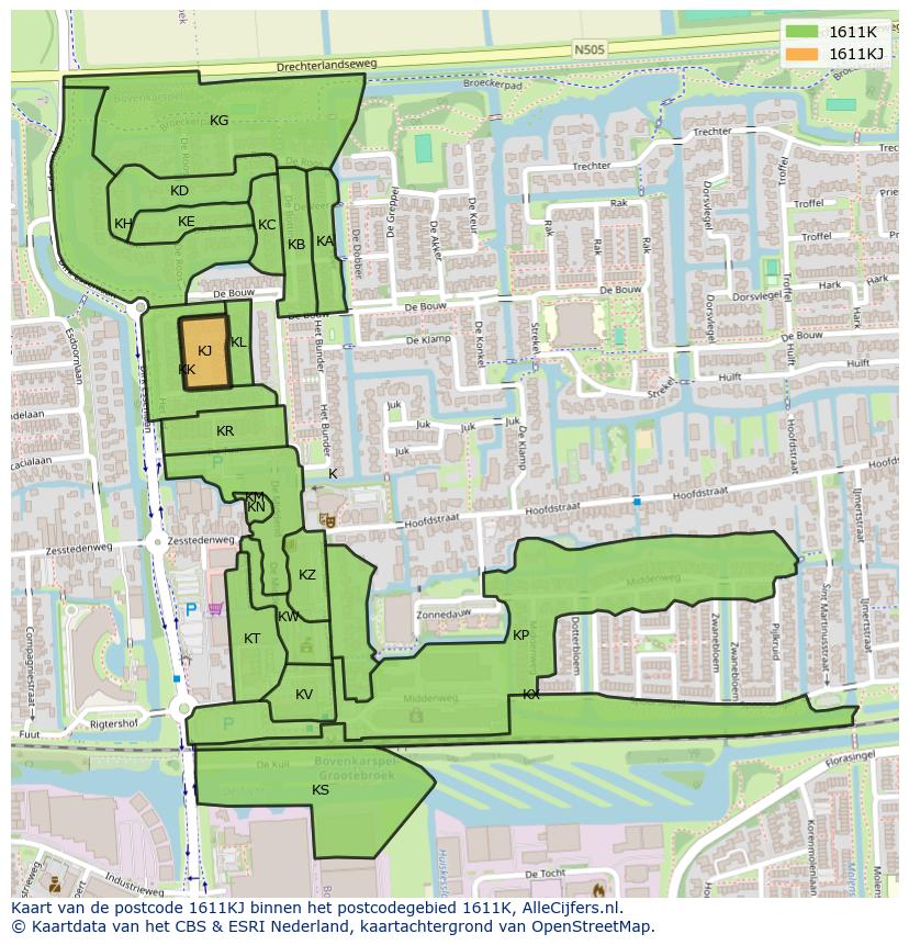 Afbeelding van het postcodegebied 1611 KJ op de kaart.