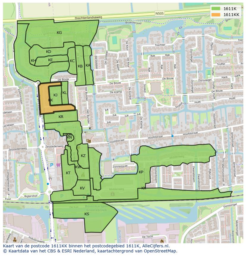 Afbeelding van het postcodegebied 1611 KK op de kaart.