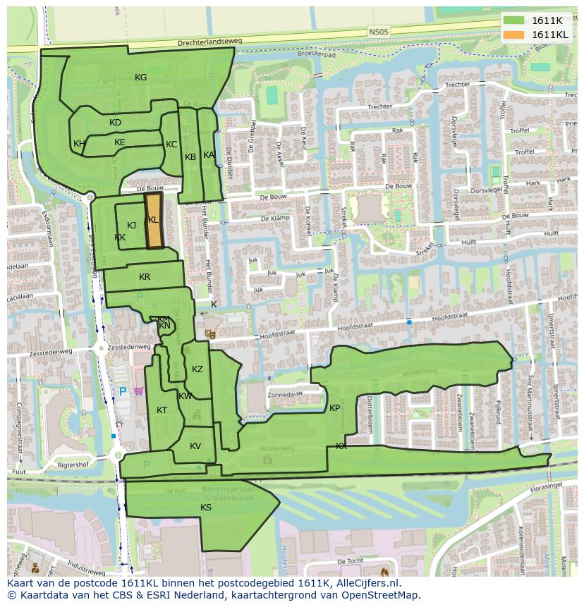 Afbeelding van het postcodegebied 1611 KL op de kaart.