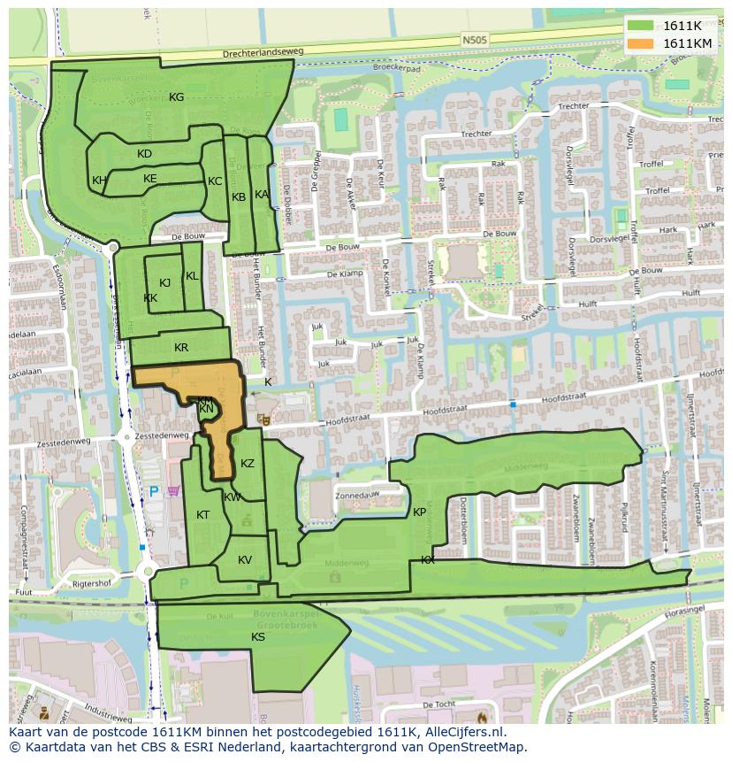 Afbeelding van het postcodegebied 1611 KM op de kaart.