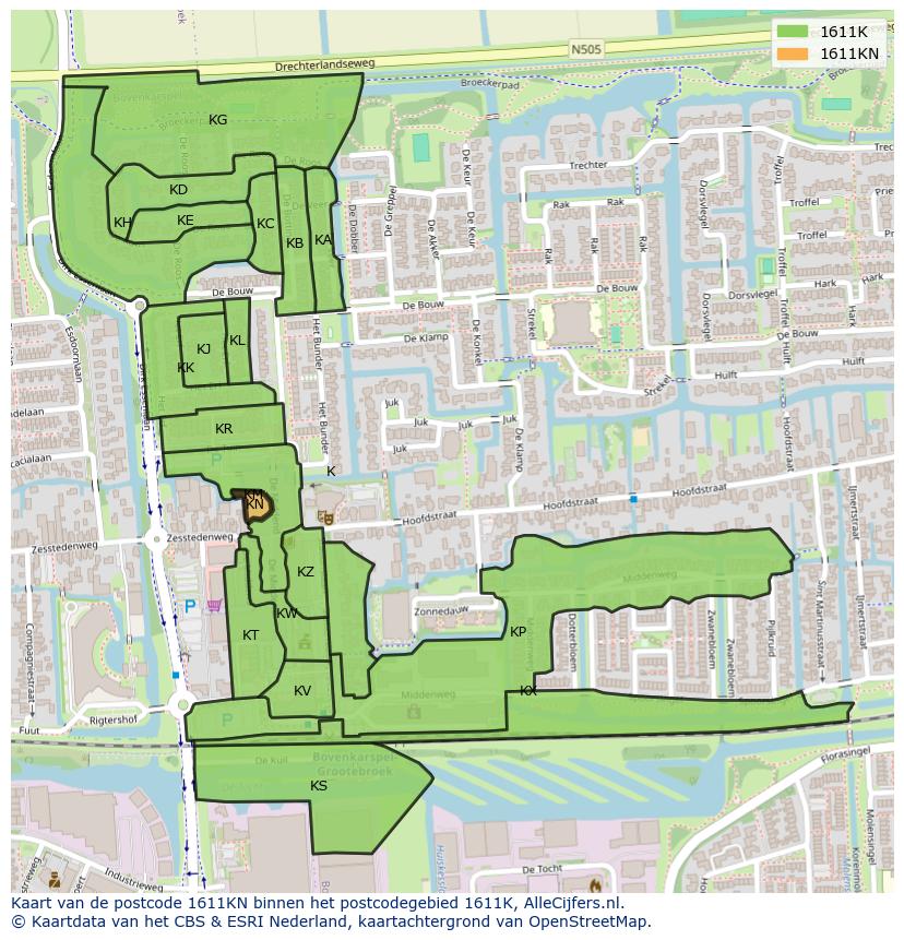 Afbeelding van het postcodegebied 1611 KN op de kaart.