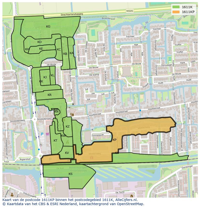 Afbeelding van het postcodegebied 1611 KP op de kaart.