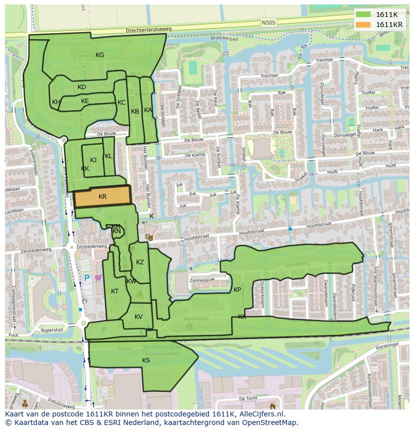 Afbeelding van het postcodegebied 1611 KR op de kaart.