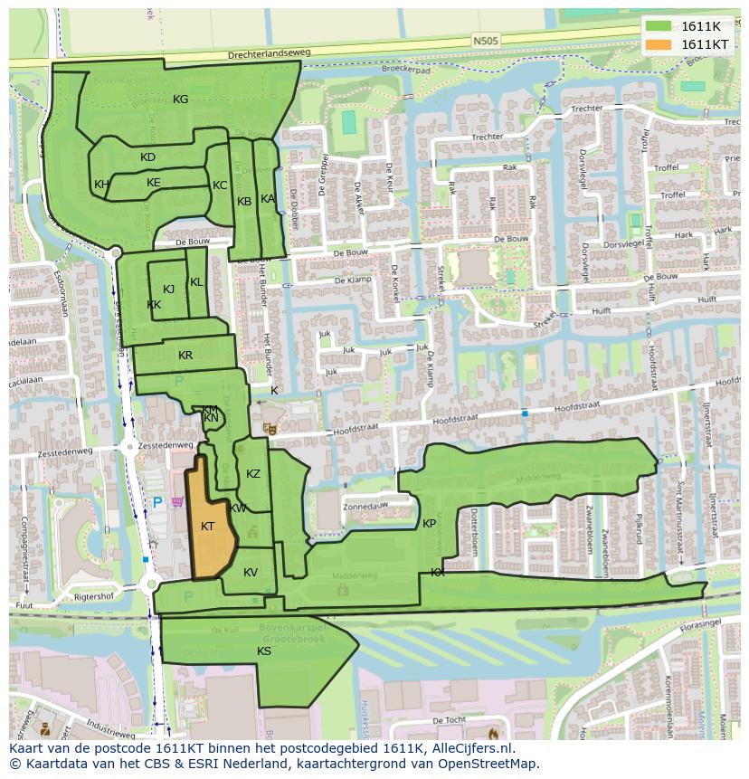 Afbeelding van het postcodegebied 1611 KT op de kaart.