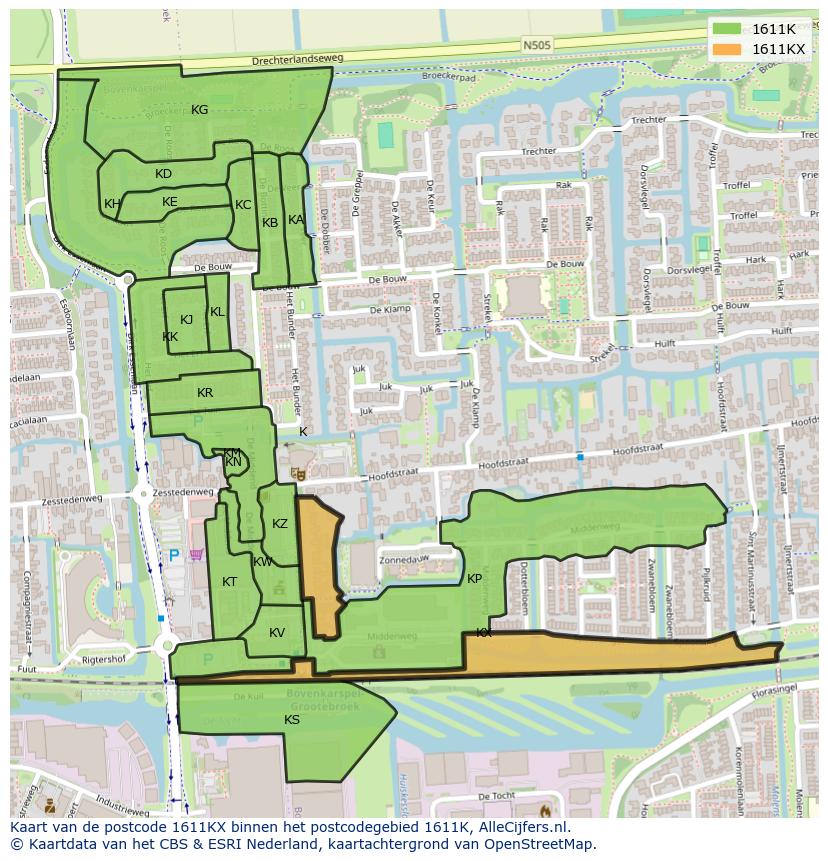 Afbeelding van het postcodegebied 1611 KX op de kaart.
