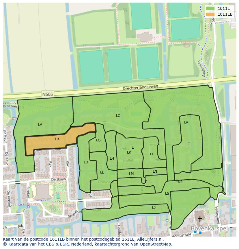Afbeelding van het postcodegebied 1611 LB op de kaart.