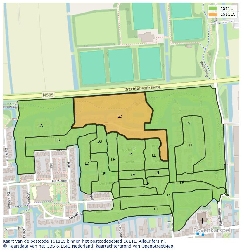 Afbeelding van het postcodegebied 1611 LC op de kaart.