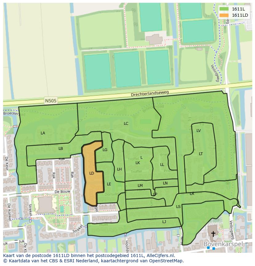 Afbeelding van het postcodegebied 1611 LD op de kaart.