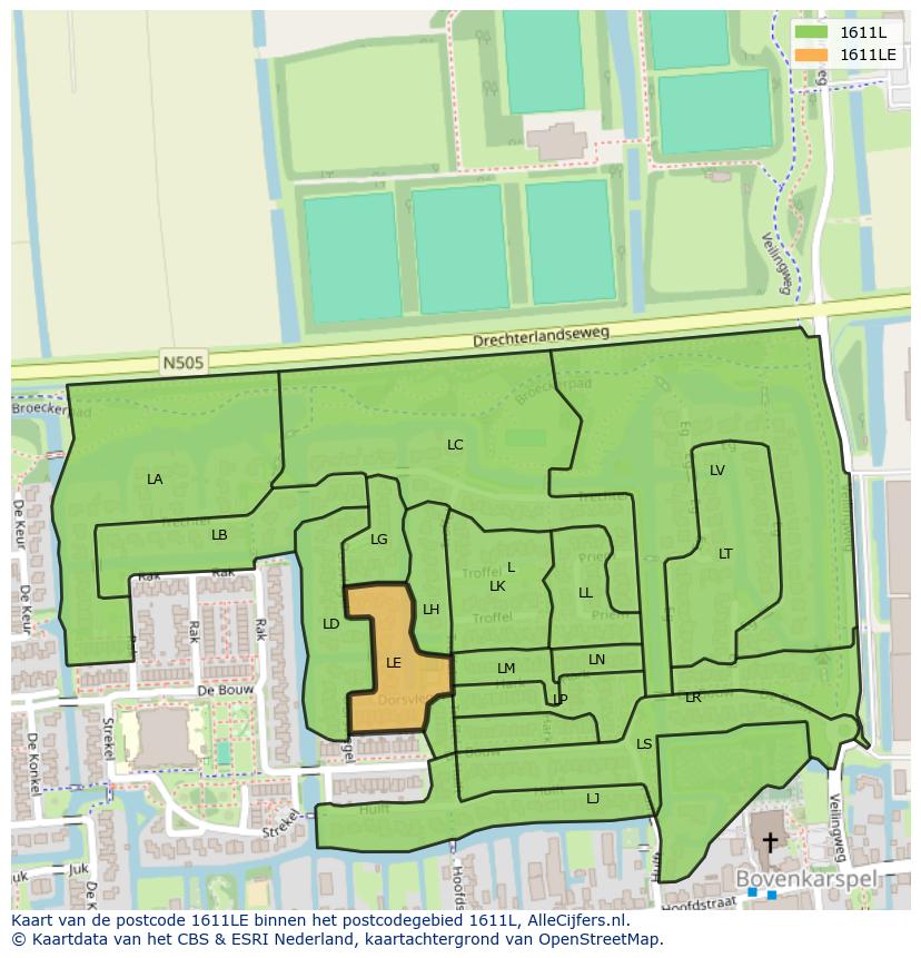 Afbeelding van het postcodegebied 1611 LE op de kaart.