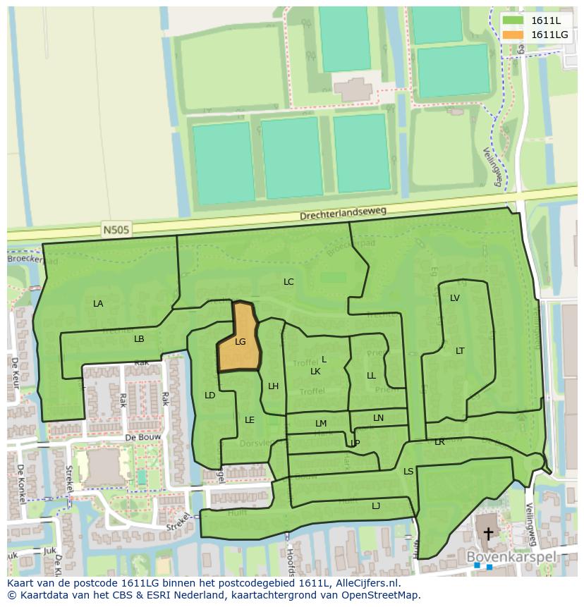 Afbeelding van het postcodegebied 1611 LG op de kaart.