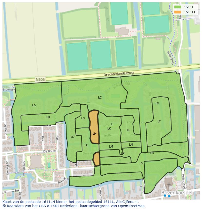 Afbeelding van het postcodegebied 1611 LH op de kaart.