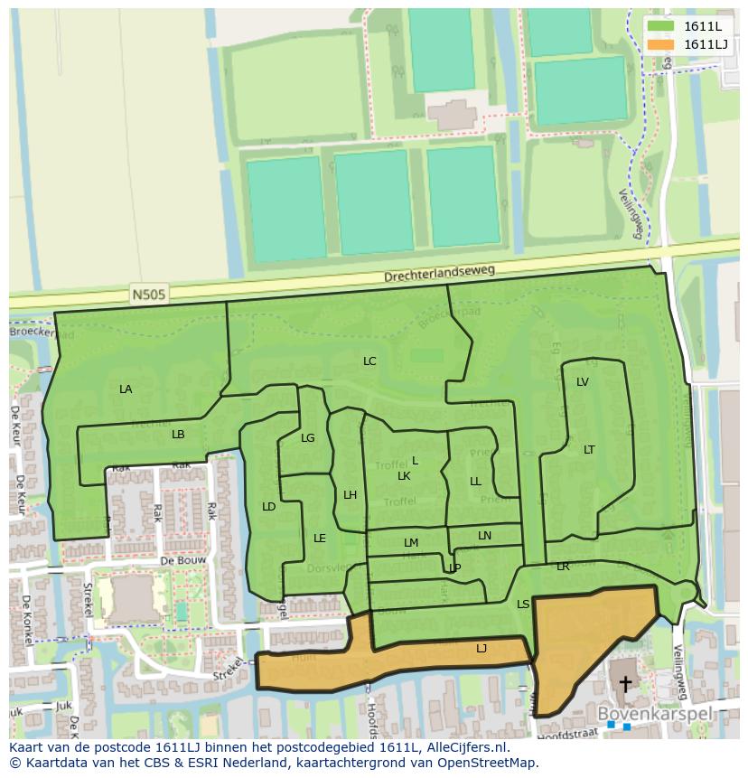 Afbeelding van het postcodegebied 1611 LJ op de kaart.