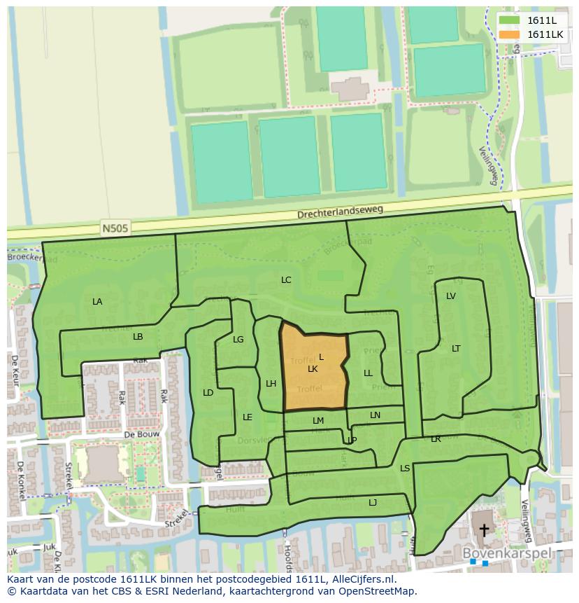 Afbeelding van het postcodegebied 1611 LK op de kaart.
