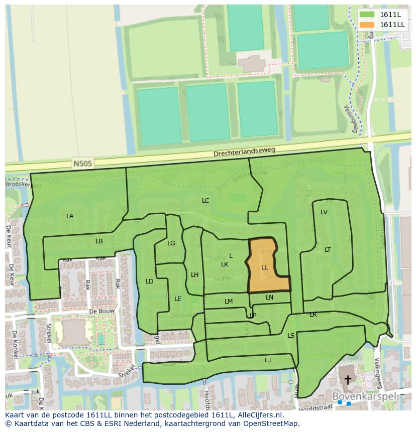 Afbeelding van het postcodegebied 1611 LL op de kaart.
